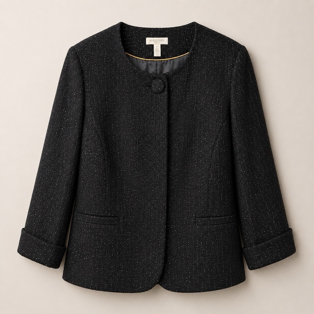 Madison Womens 2X Jacket Blazer Black Metallic Tweed Career One Button 3/4 Sleev
